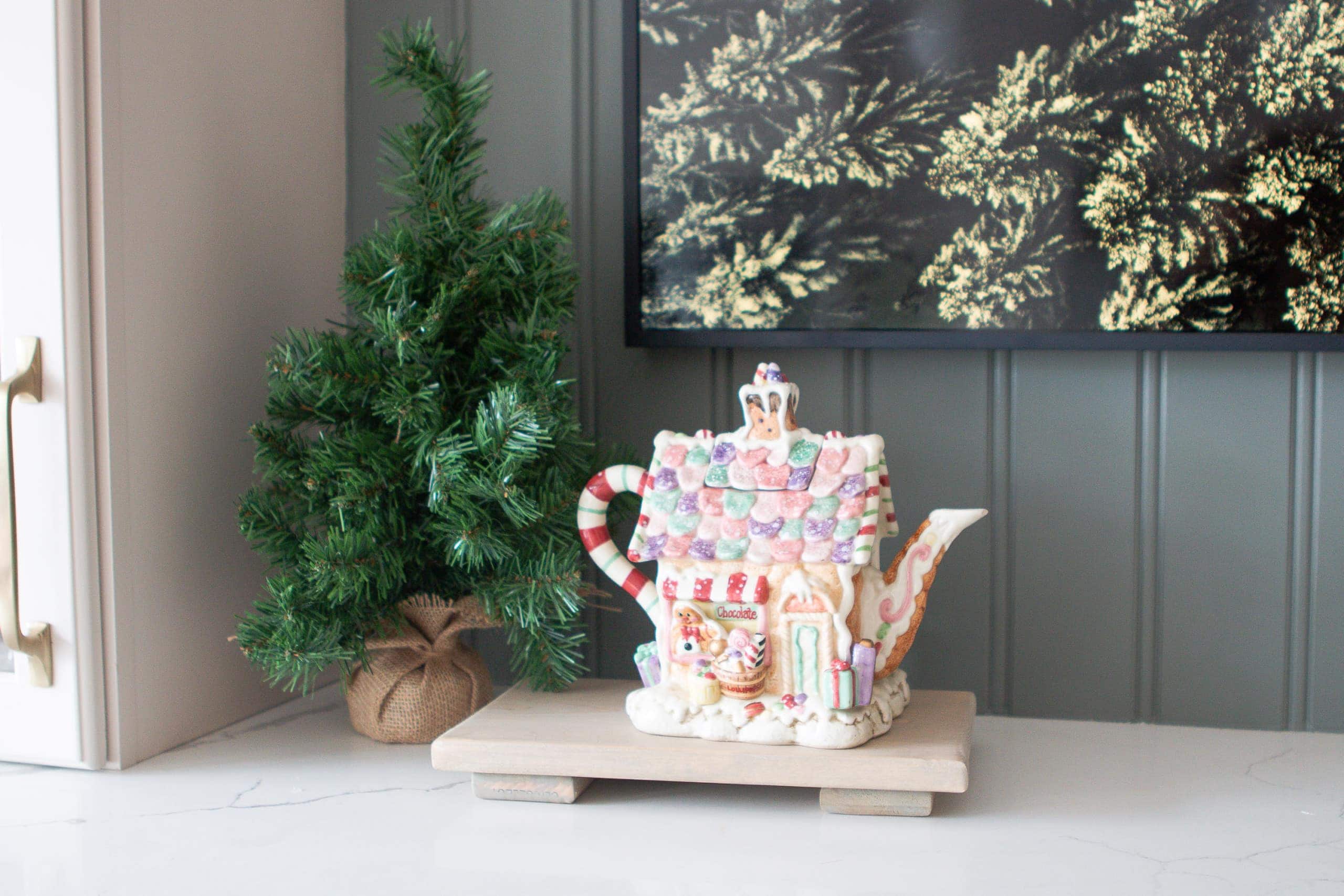 A gingerbread house teapot