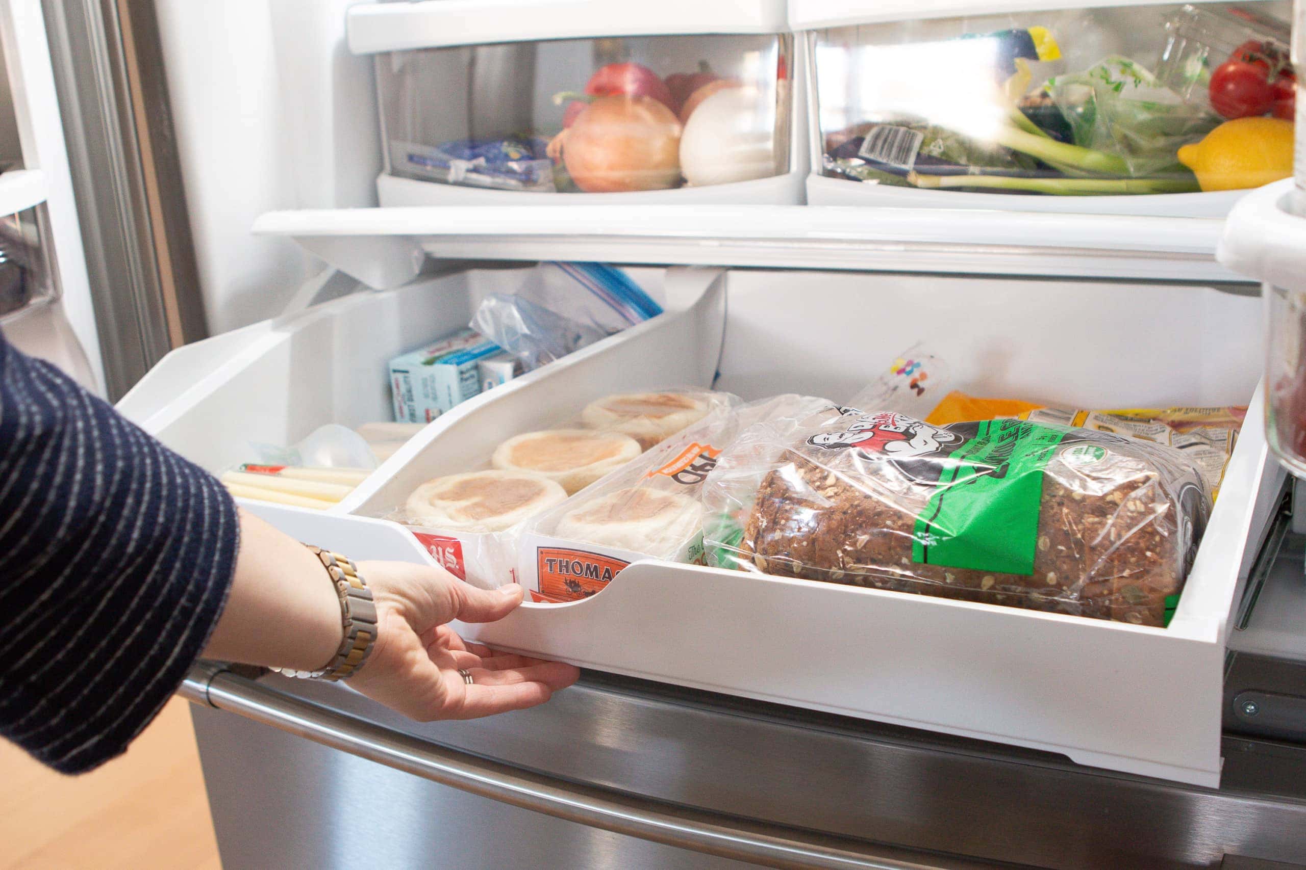 A slide out tray in our refrigerator