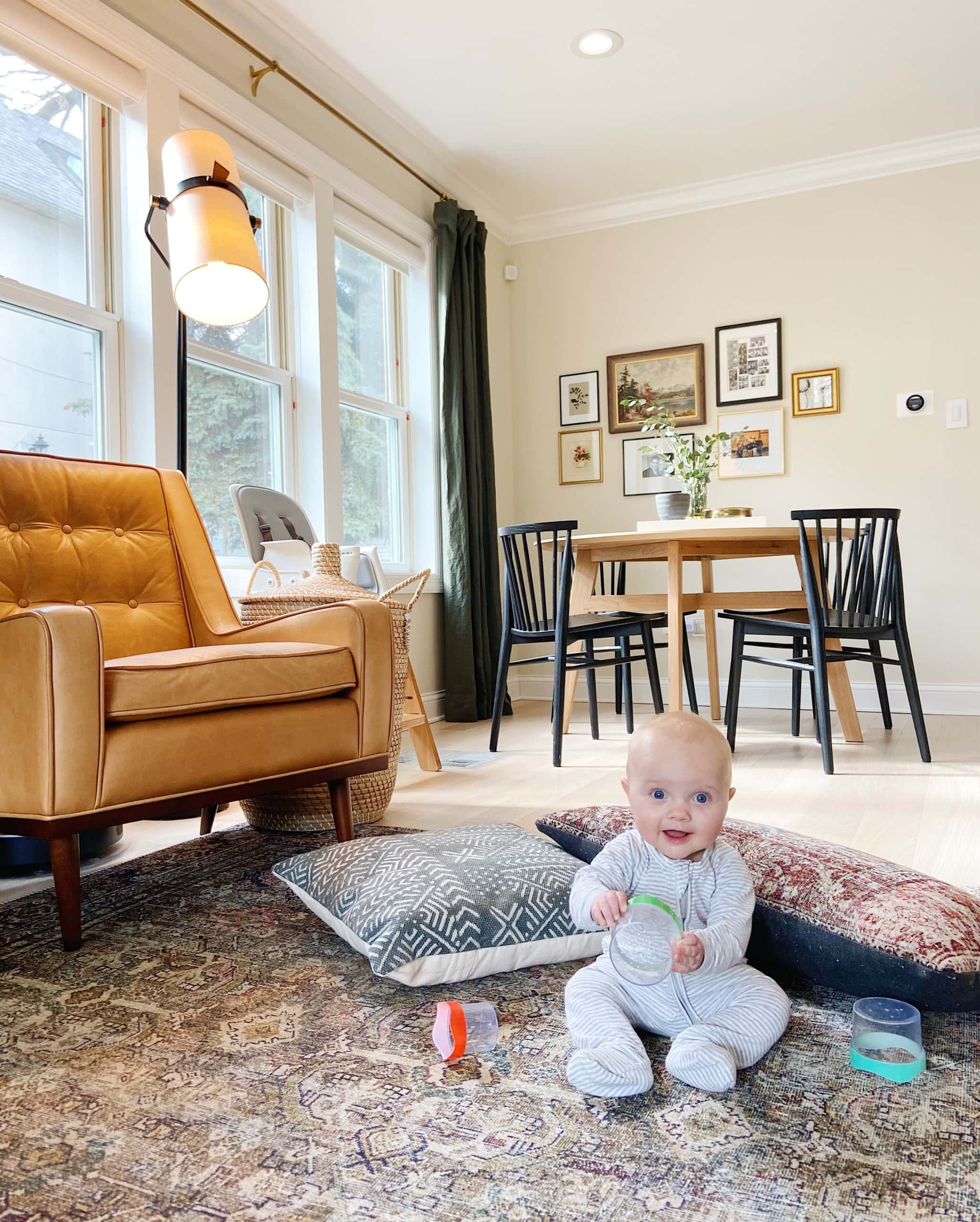 A living room with a soft white light bulb