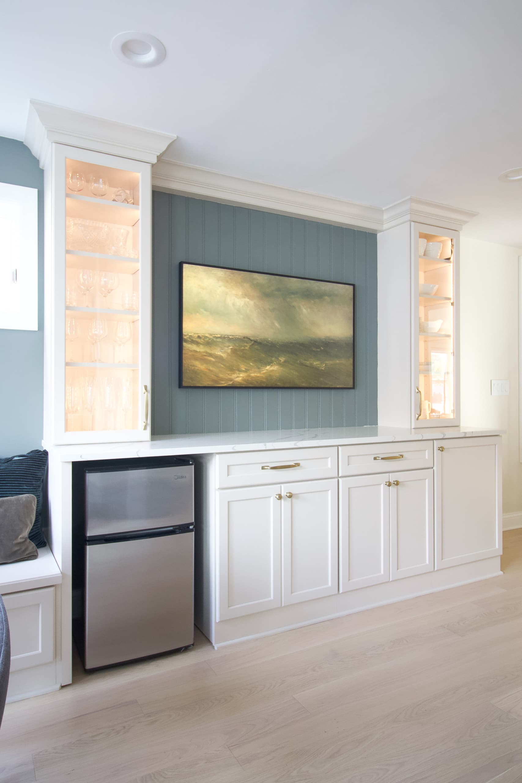 The tape lights in our glass kitchen cabinets