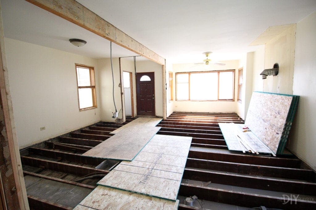 Exposed floor beams in old house