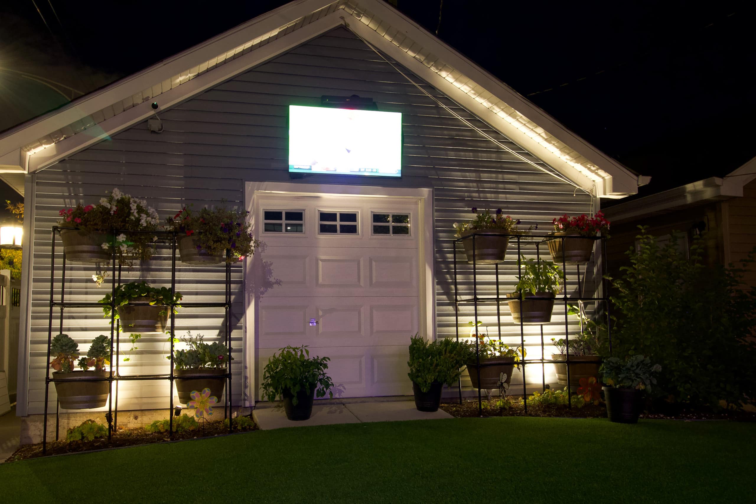 Watching TV in the backyard at night