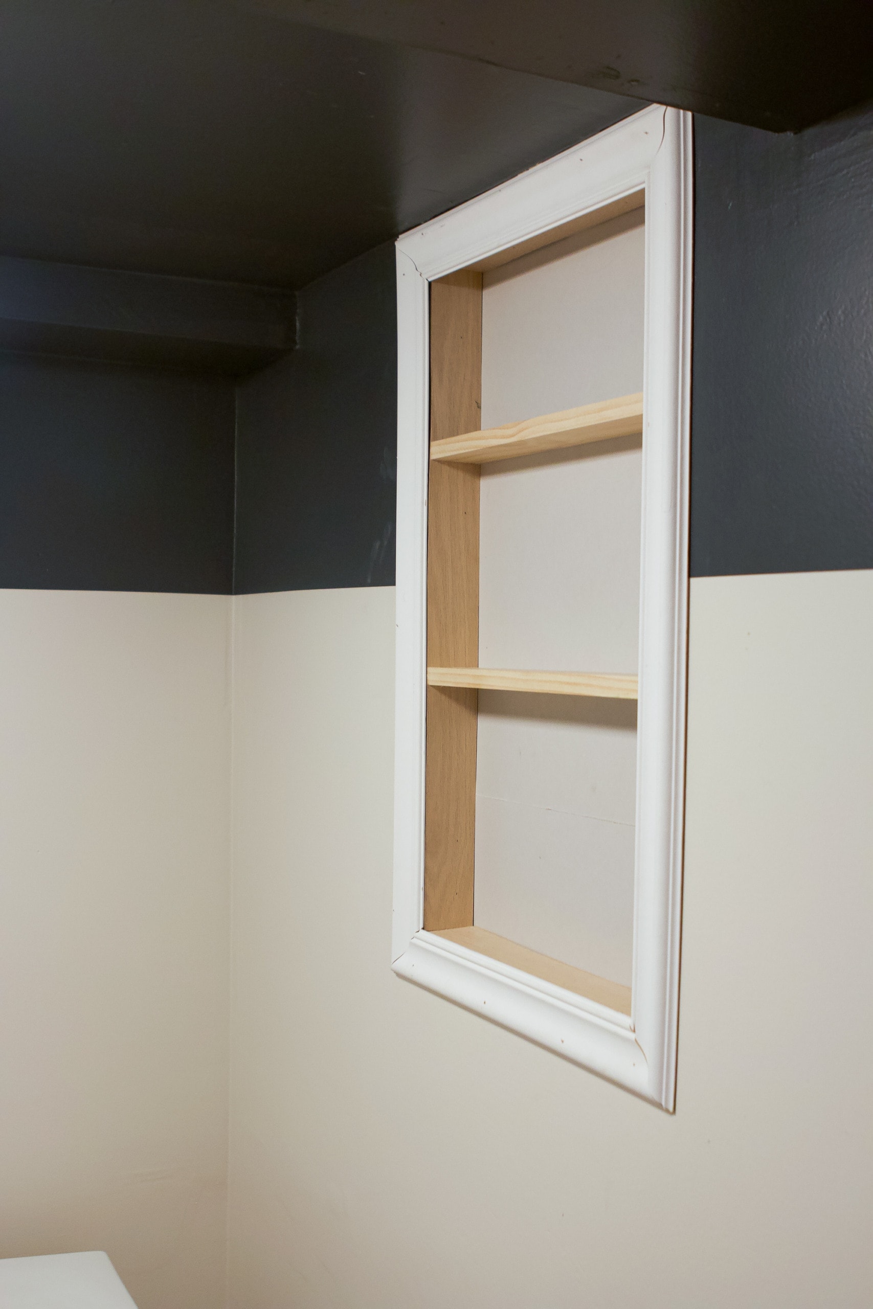 Wood shelves in the basement