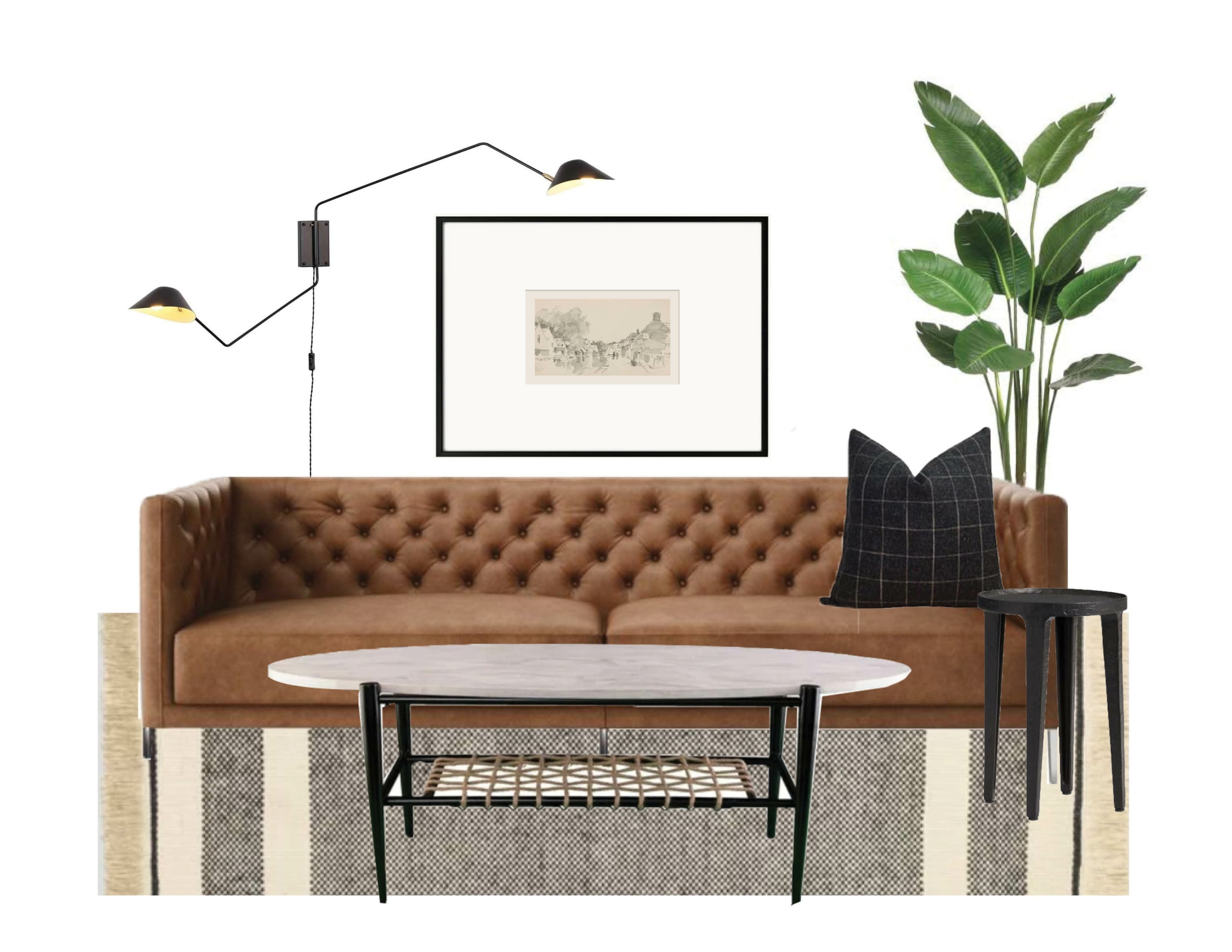 Leather couch in a mid-century modern spanish bungalow