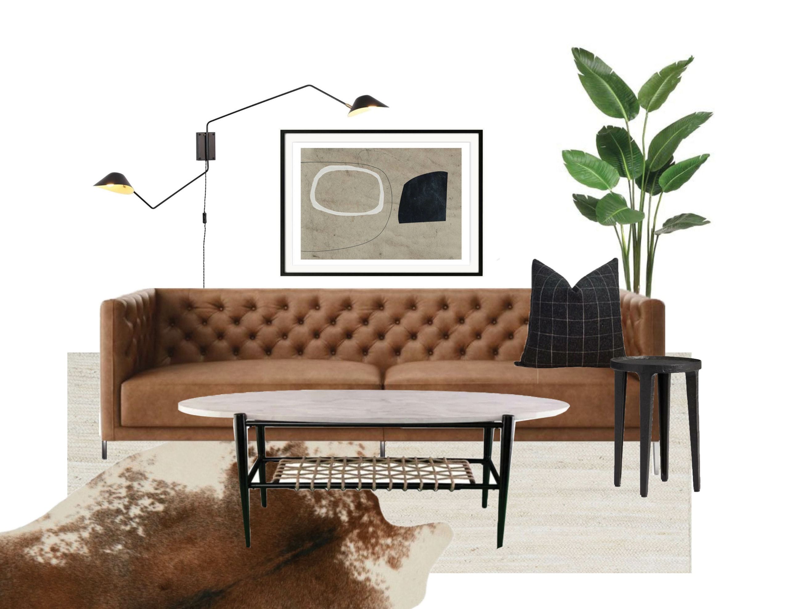 Choosing a leather couch for a living room in a mid-century modenr spanish bungalow