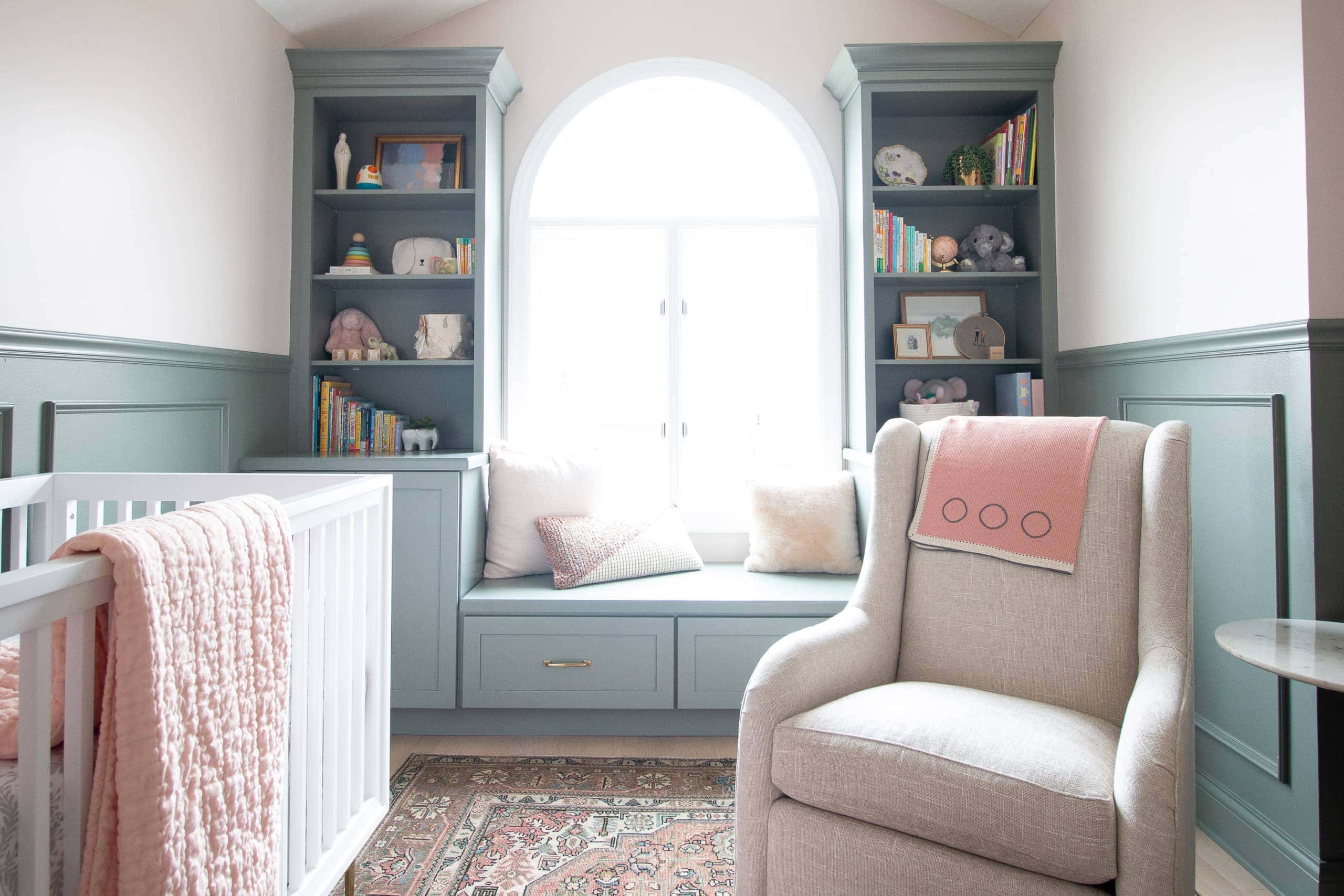 Window bench seat in a nursery