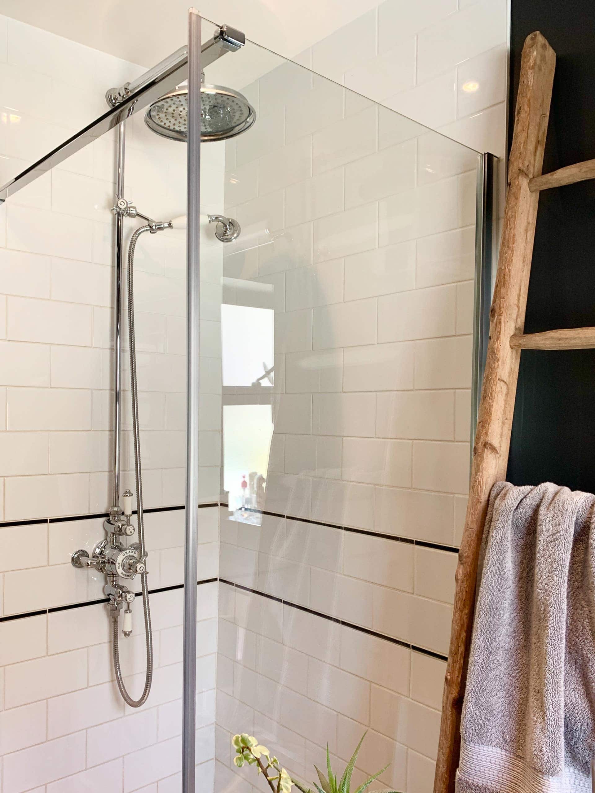 Tiled shower in a bathroom