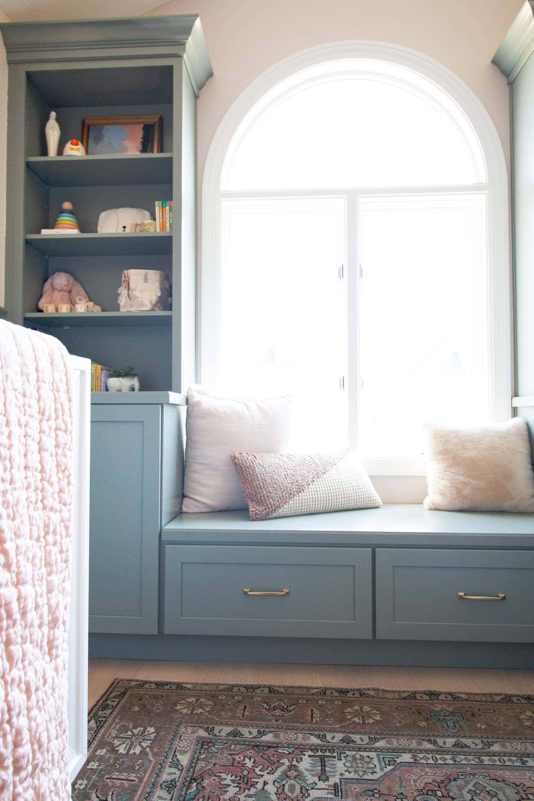 Window seat bench in a nursery