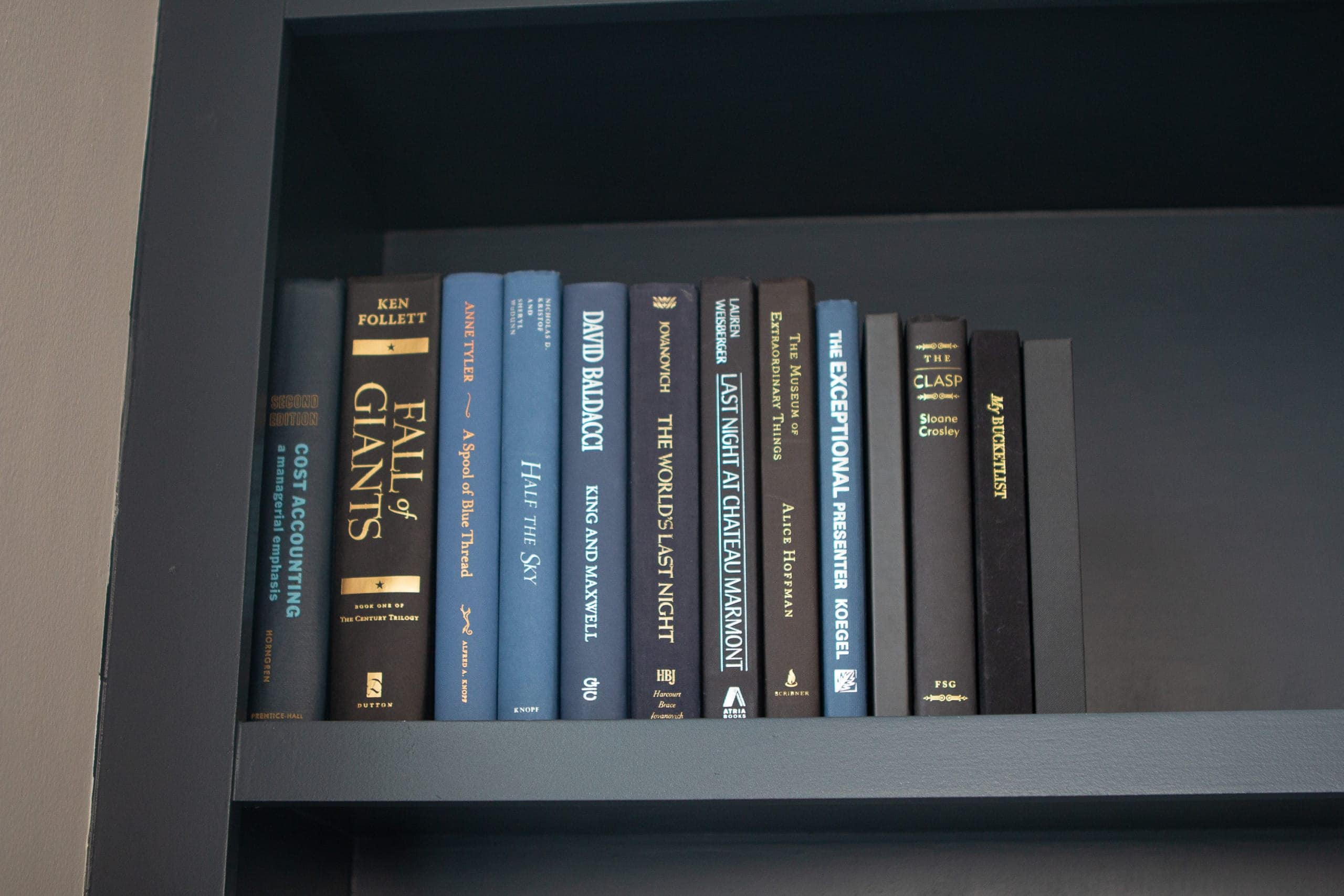 Blue hardcover books on built-ins