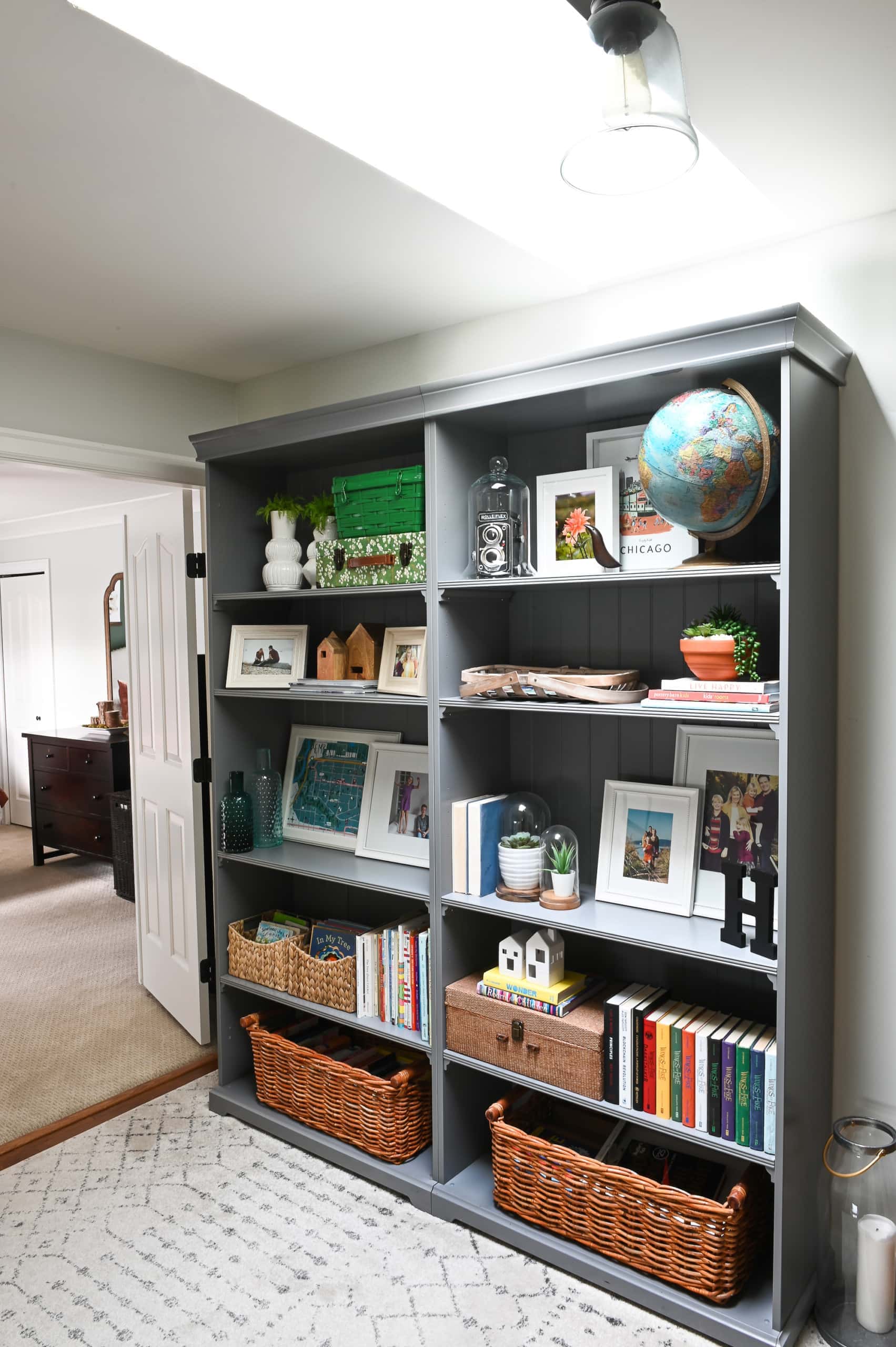 Styled bookshelves in a family-friendly home