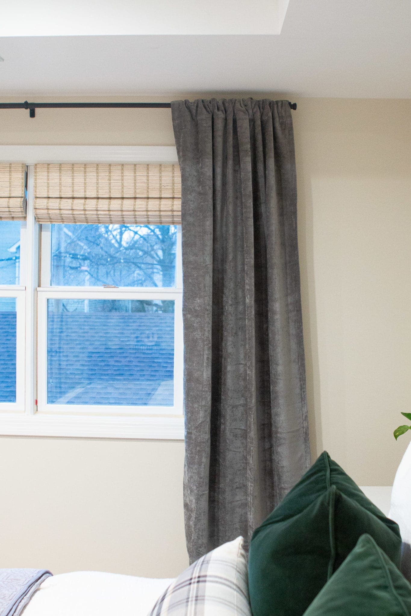 gray velvet curtains in the bedroom