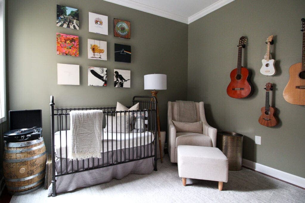 A baby boy's nursery with a music theme