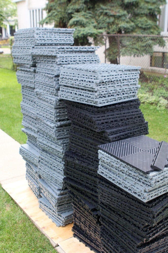 Stack of garage floor tiles from Montezuma Storage