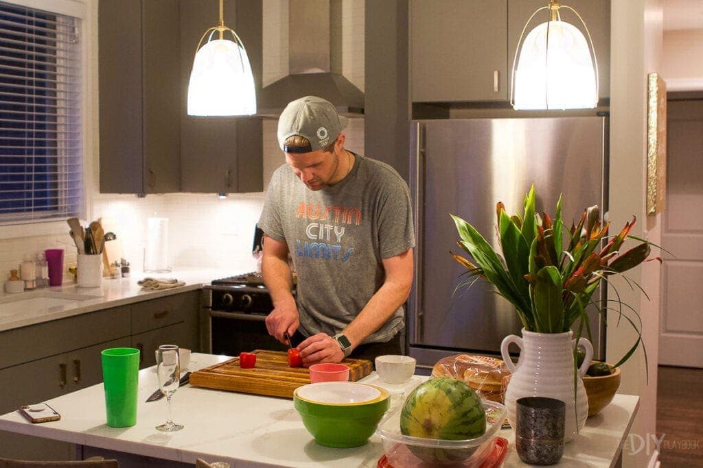 Finn cooking in Jan's kitchen