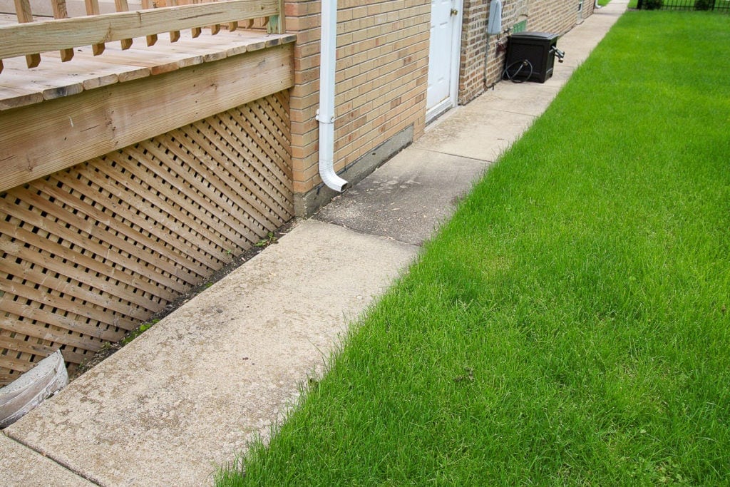 Dirty sidewalk on the side of the house