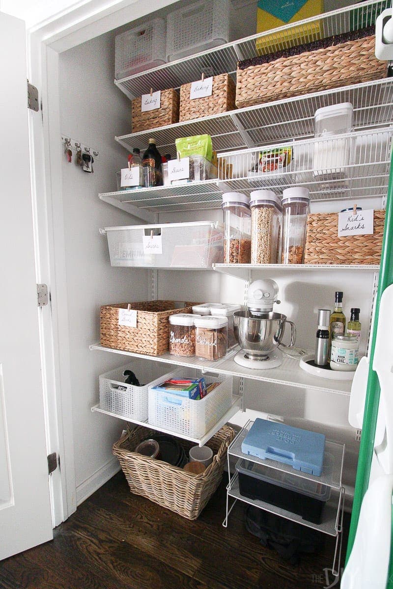 Organizing a pantry with wicker baskets