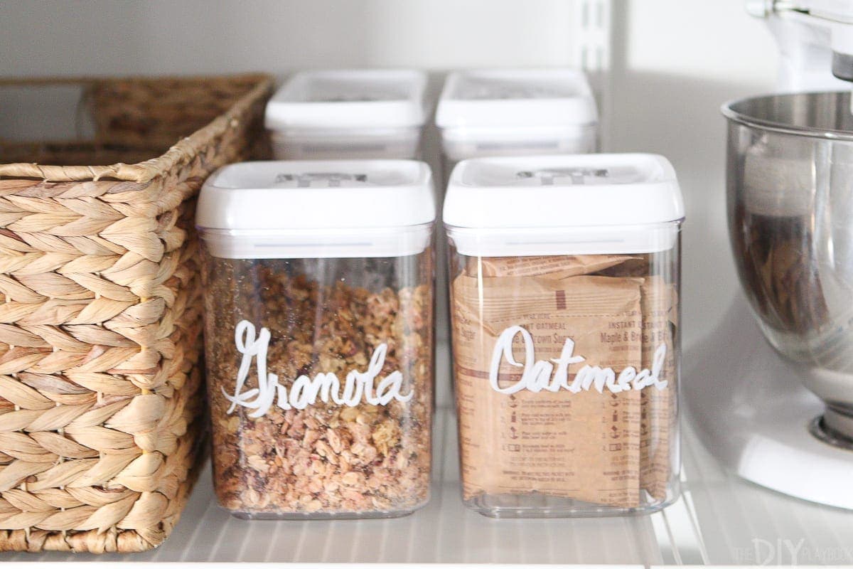 Granola and oatmeal organized in a pantry