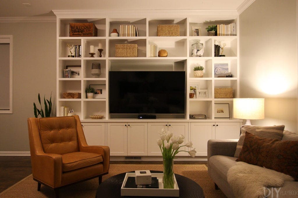 Built-ins in family room during the evening