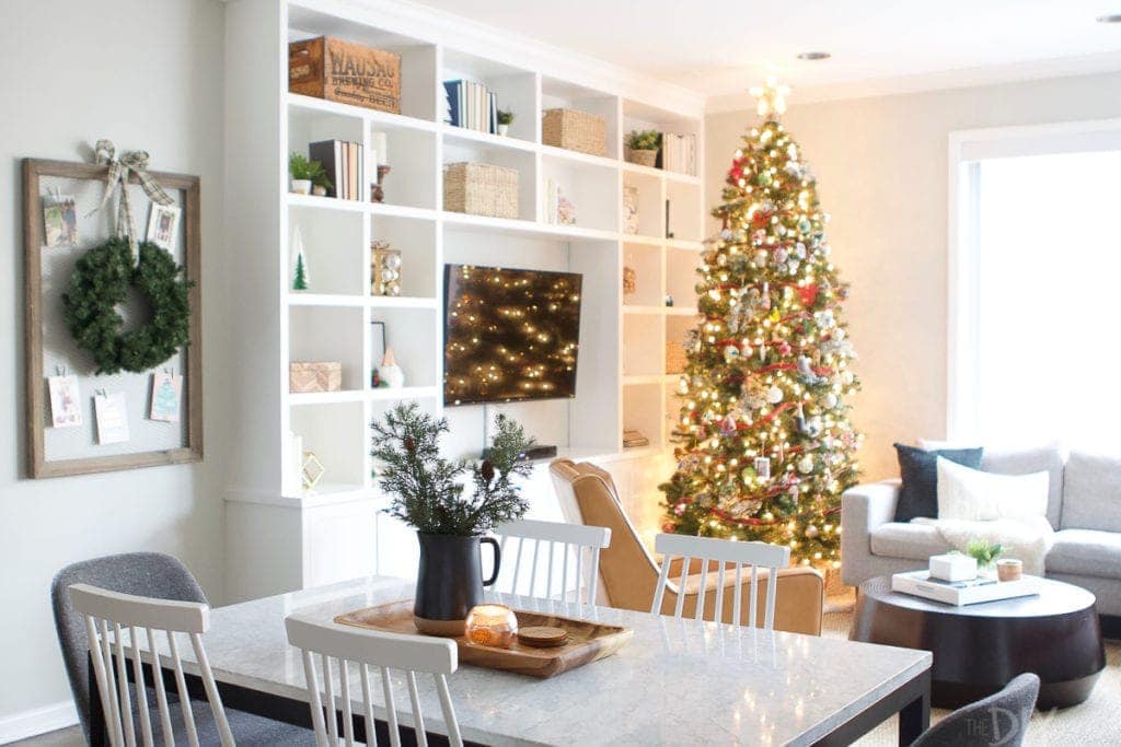 Dining and family room decorated for Christmas
