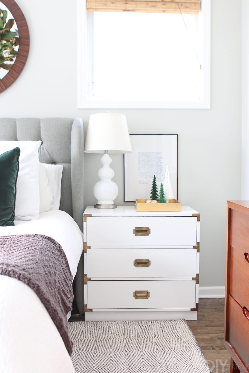White nightstand with holiday decor