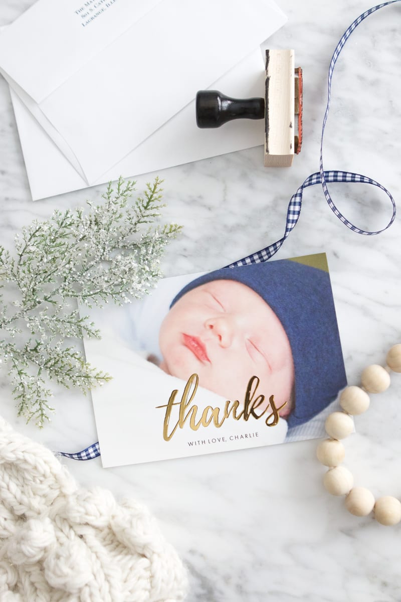 newborn photos into thank you card