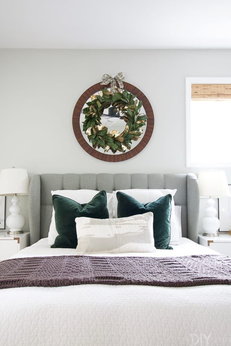 A gold and green holiday bedroom