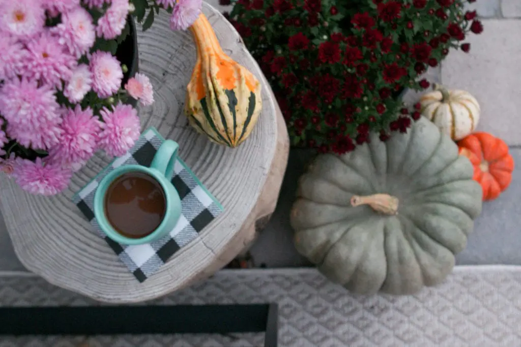 fall patio with plaid and colorful mums and pumpkins