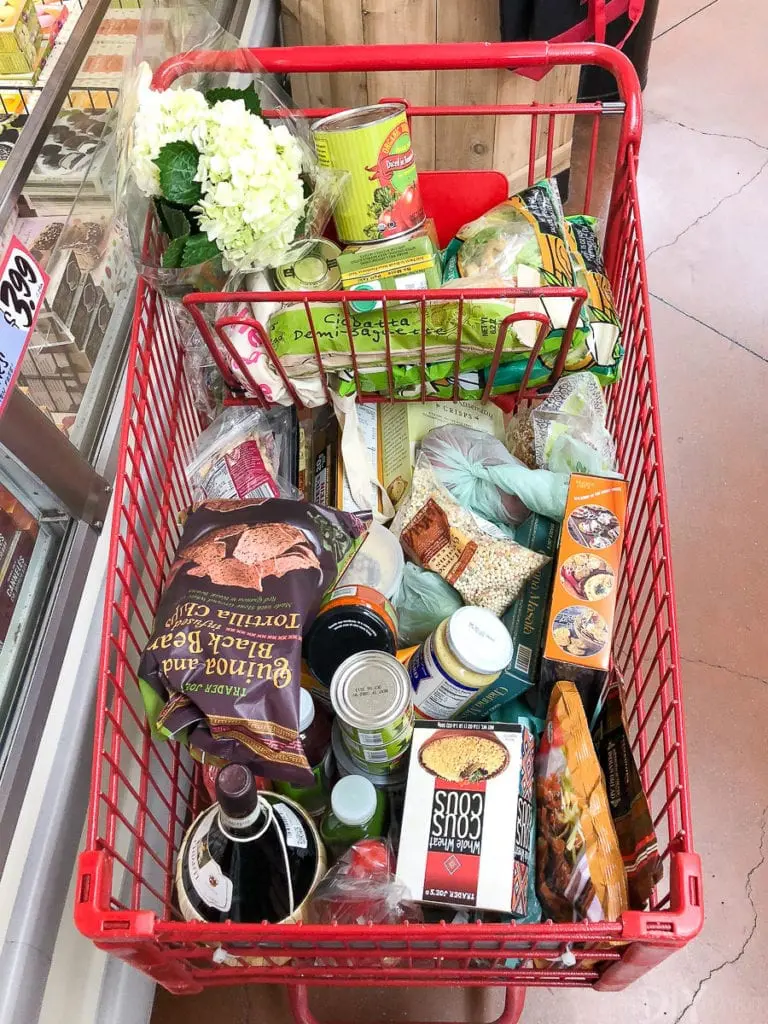 A full cart of groceries from trader joe's