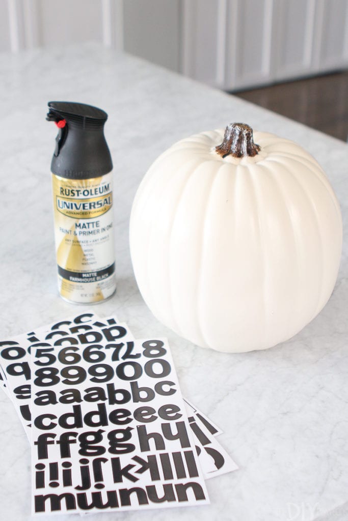Supplies to paint a quote onto a pumpkin