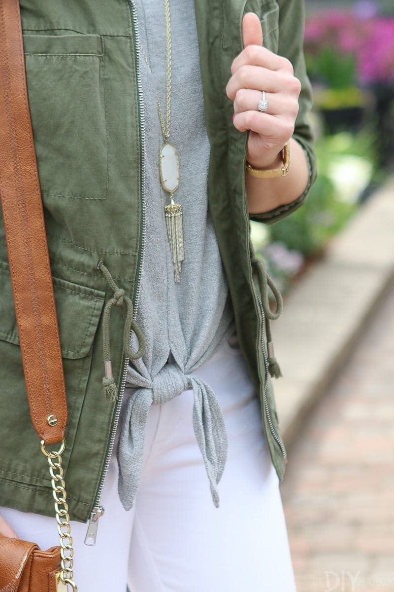 Gray tie-front top from Madewell is a good wardrobe staple. 