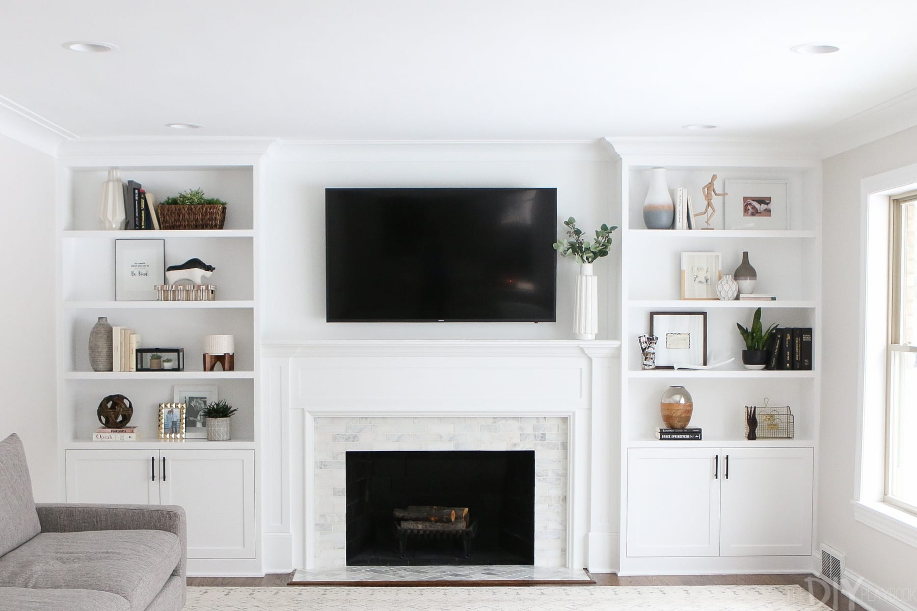 Add hardcover books throughout your built-in shelves. 