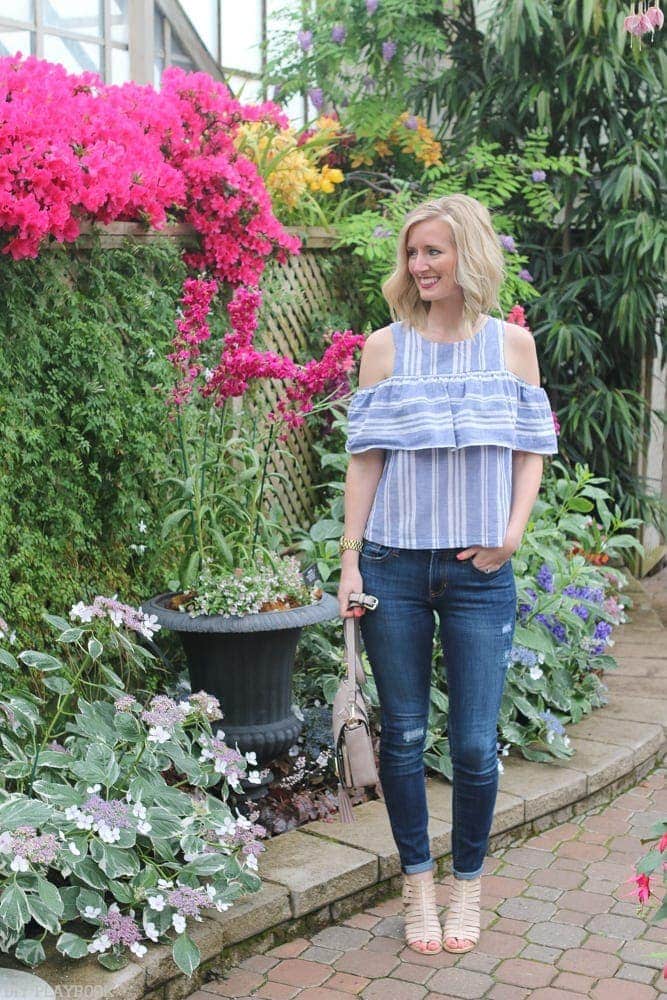 Striped top, ripped jeans, and nude heels to add to your spring wardrobe. 