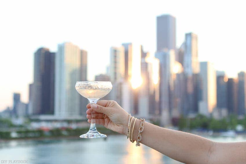 A glass of prosecco at Navy Pier on a boat ride in Chicago