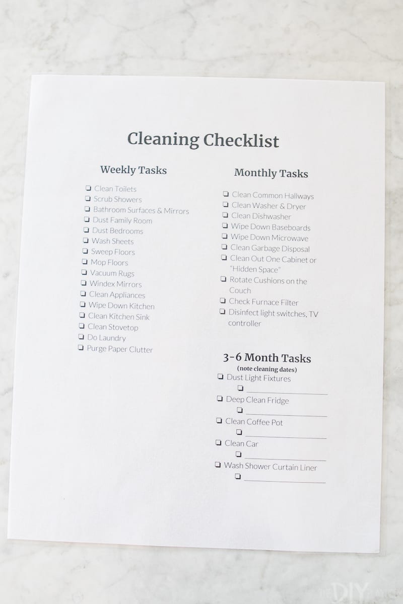 A cleaning checklist to keep your home clean each week, month, and quarterly.