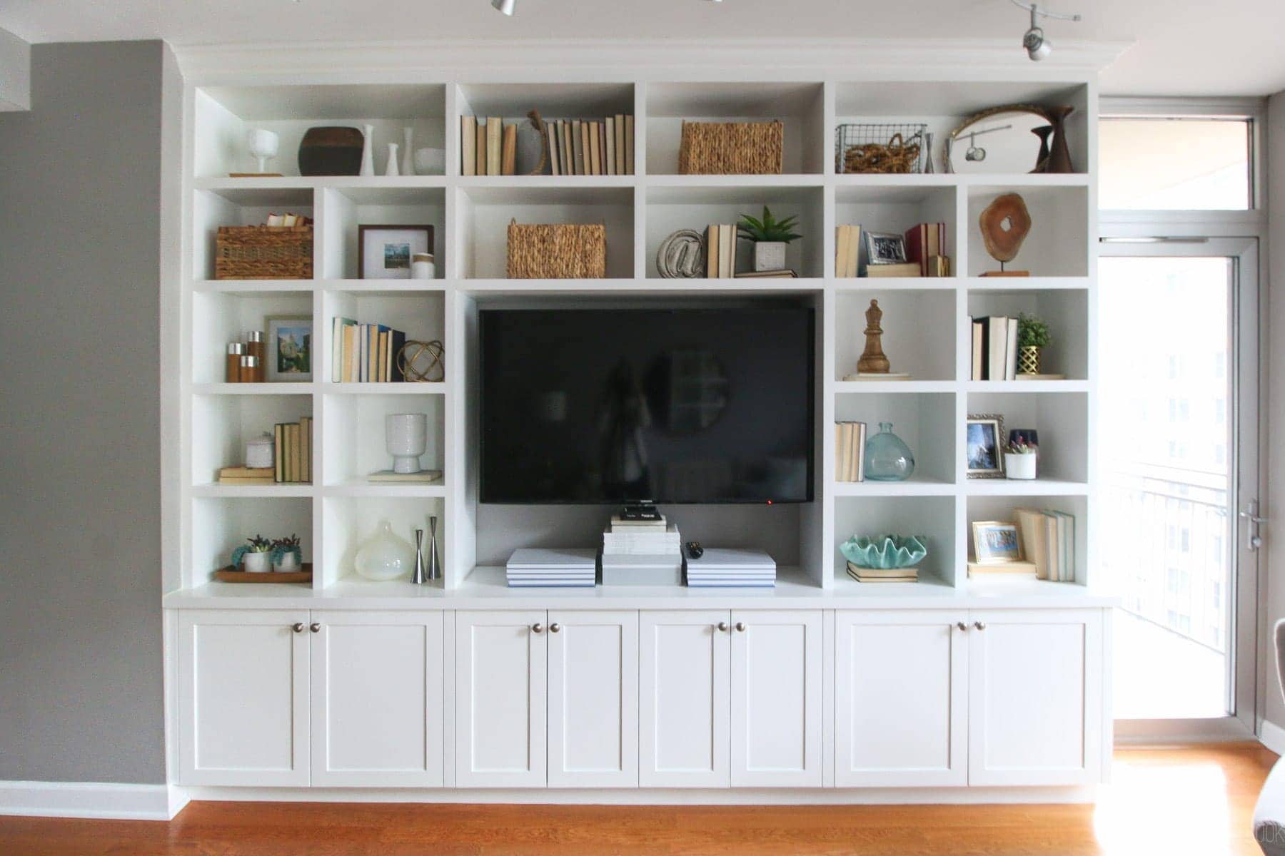 Custom designed and decorated built-in bookshelves. 