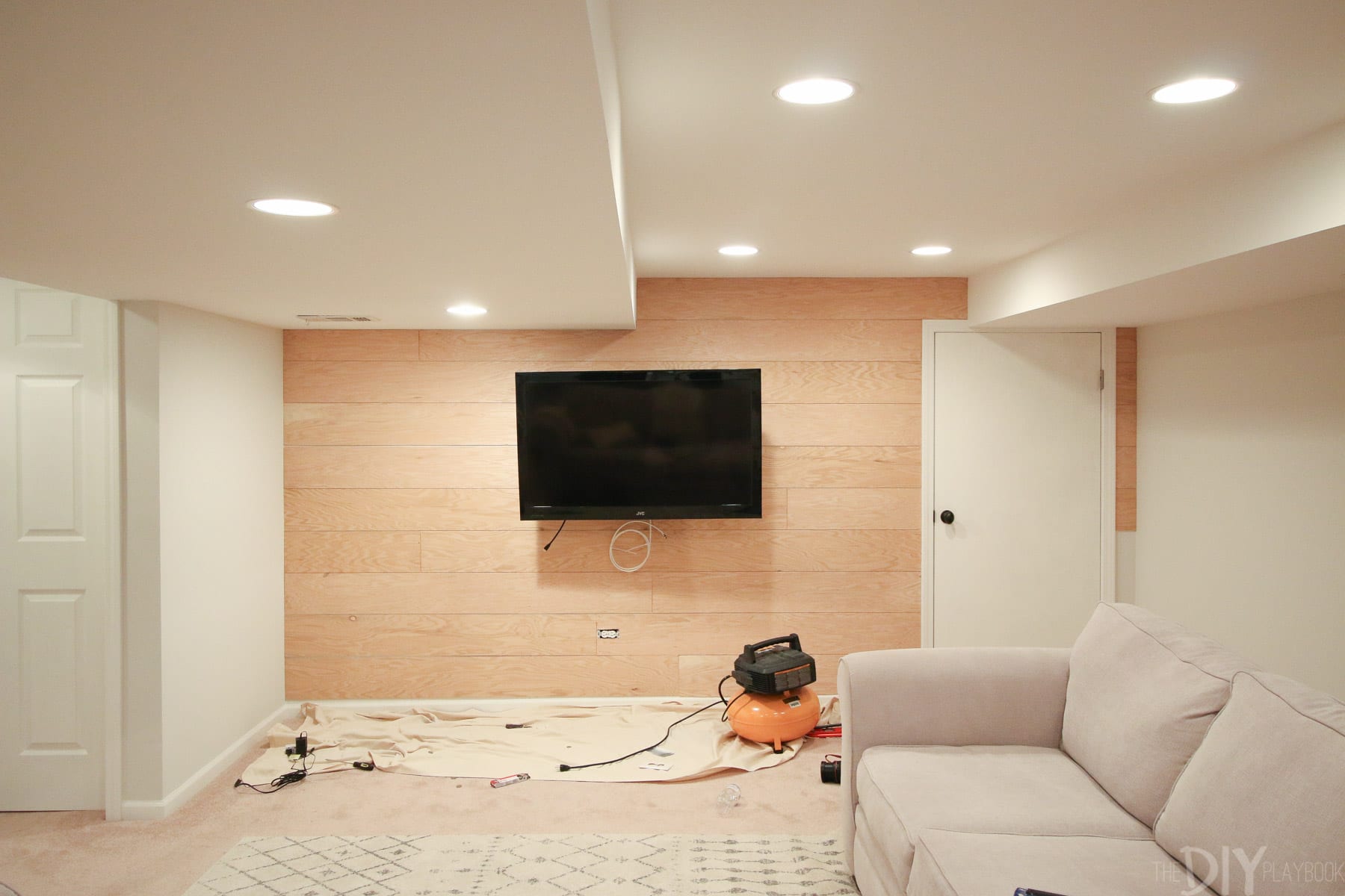 The shiplap wall is up in our basement! Now we just need to add the primer and the paint to the wall for the finished look. 