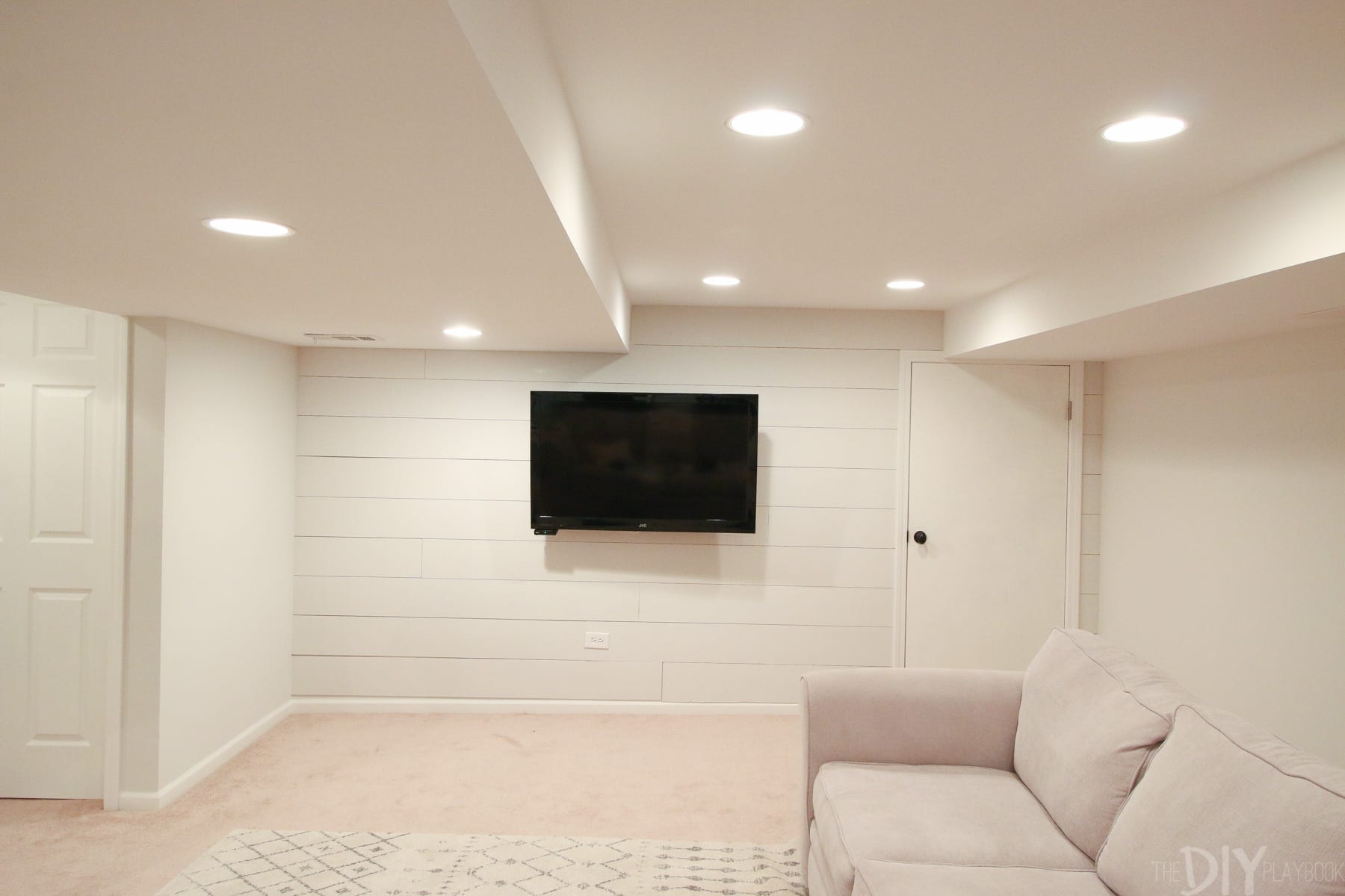 The basement shiplap wall is installed! It's going to look great once we get more furniture in the space. 