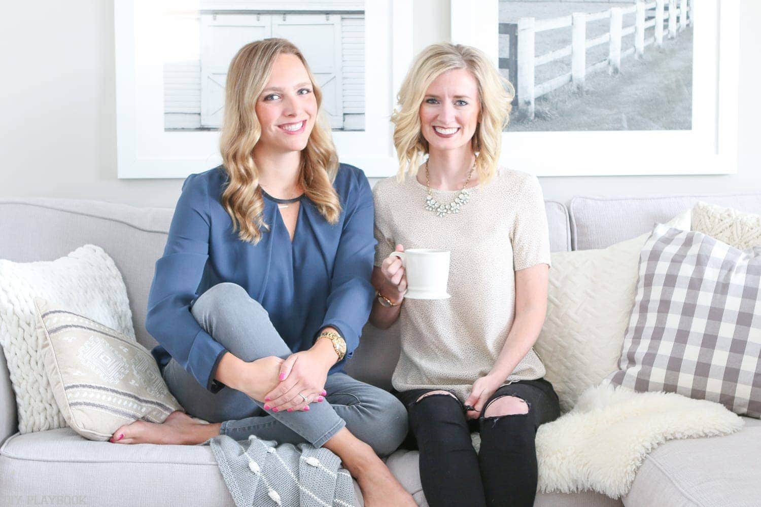 Casey an Bridget on the couch, enjoying a cup of coffee and some girl time. 