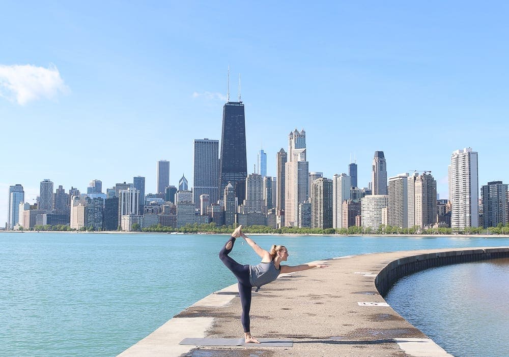 Chicago photo spots: yoga and the skyline.