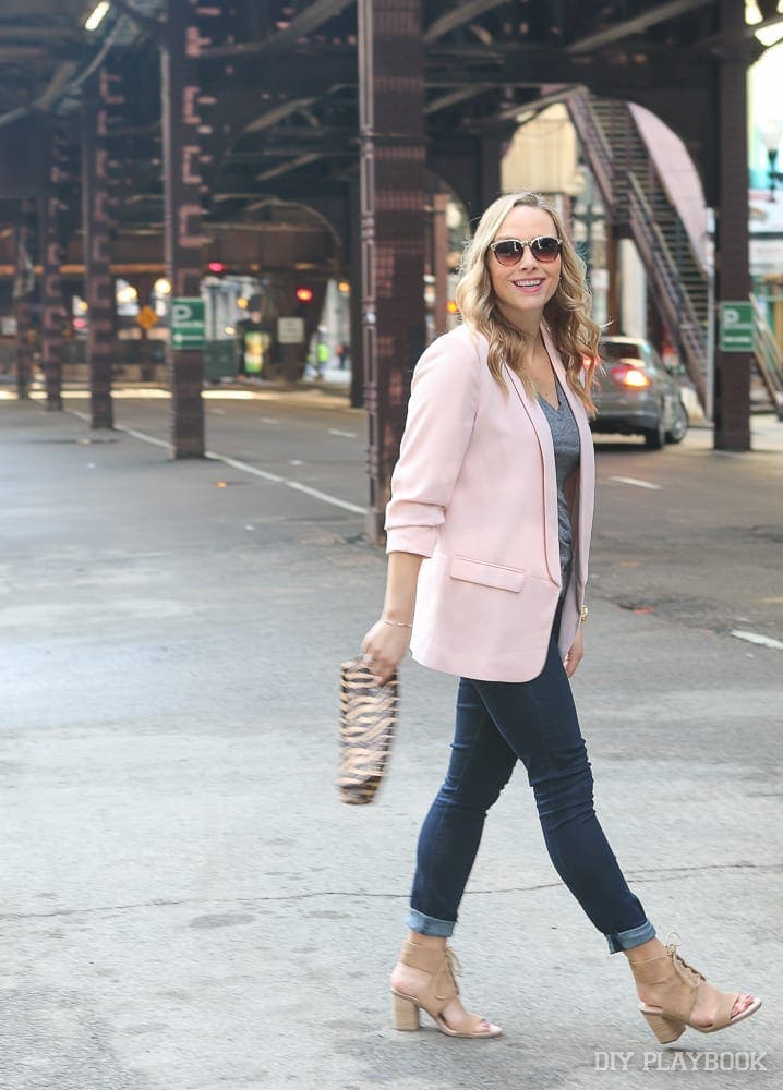 The blazer paired with dark jeans and a casual tee is perfect for spring