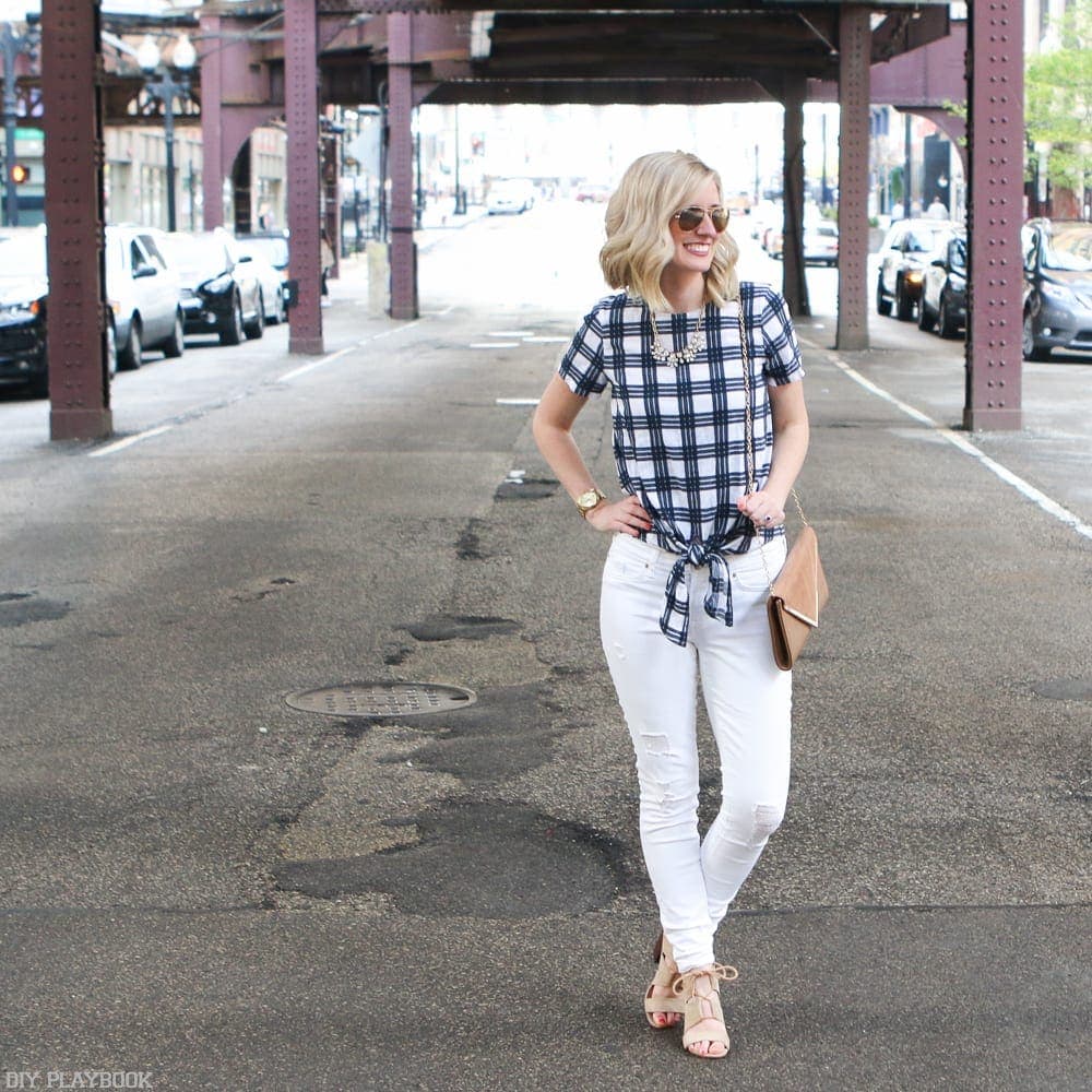 This casual yet chic blue and white plaid top is a new staple item for Bridget.