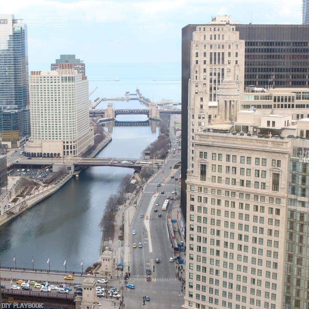 View of the Chicago River at dusk. 