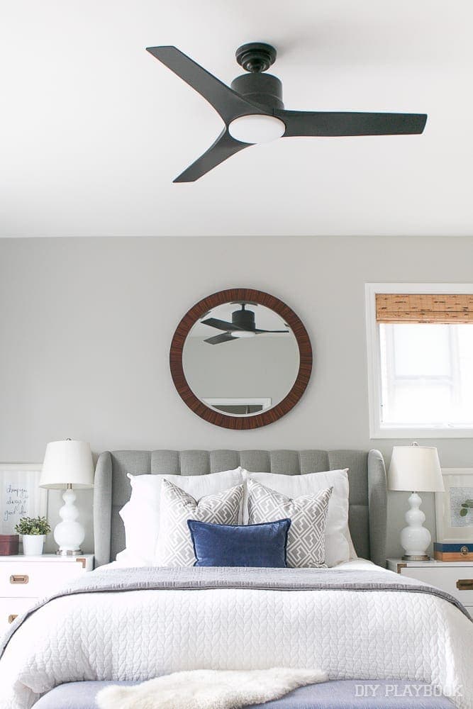 Here's our bedroom with the new, sleek, black fan installed. Doesn't it look great with our gray walls? 