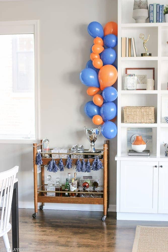 We got balloons in orange and blue to decorate for our Chicago Bears ultimate football party. 