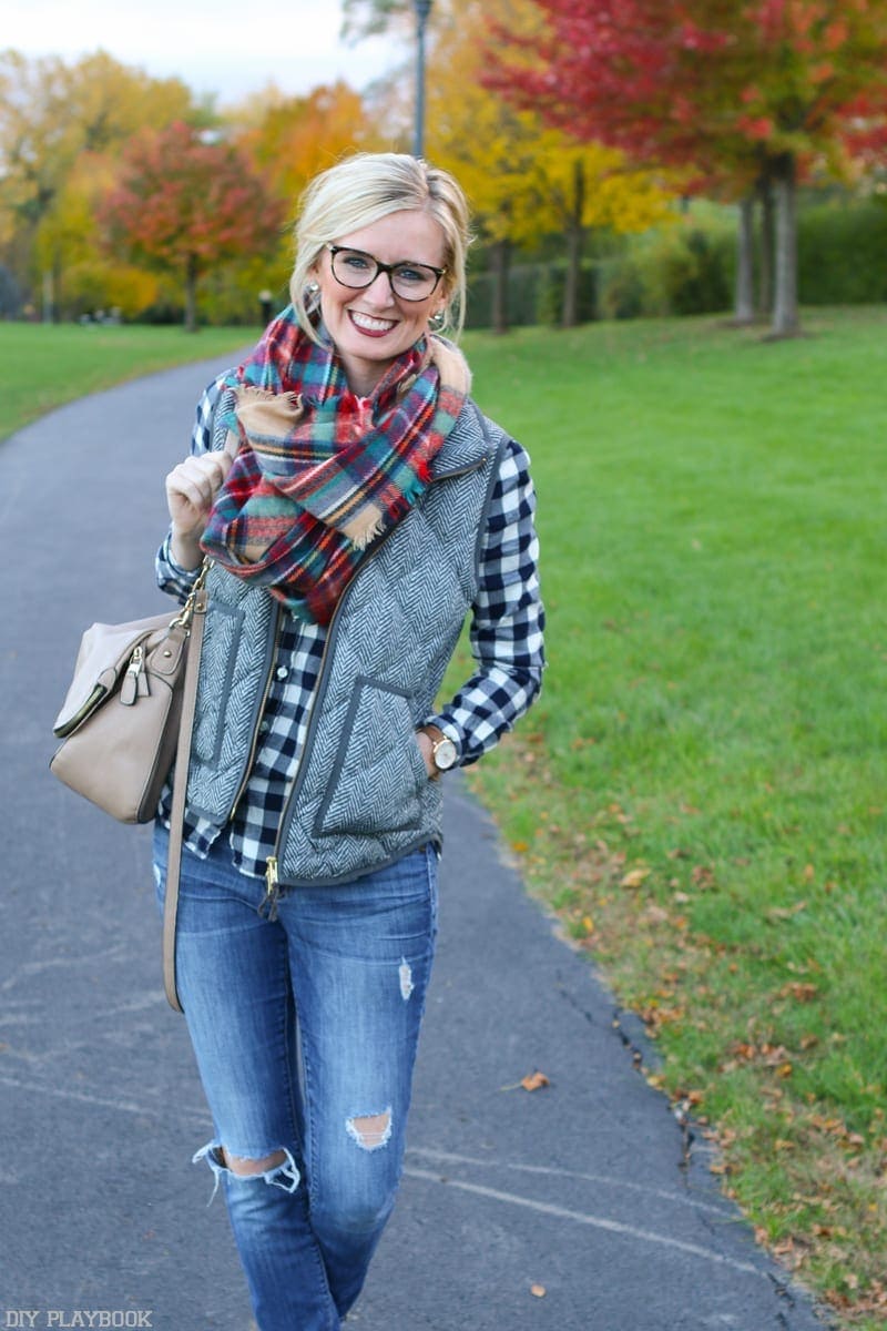 bridget-plaid-scarf-laughing