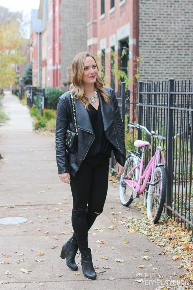 Casey loves the way her sparkly statement necklace takes this all black outfit from "ninja" to weekend casual. 