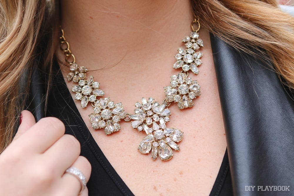 Here's a closeup of Casey's sparkly statement necklace. 