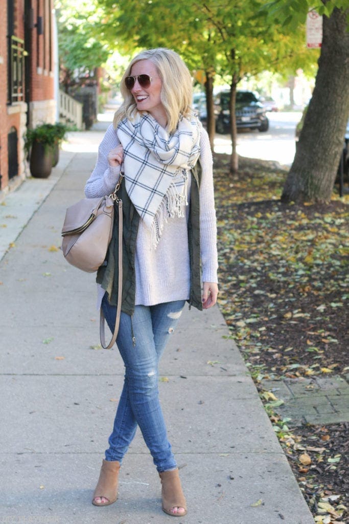 Bridget in long cream colored sweater with a plaid blue and white scarf. Just one of many great fall looks!