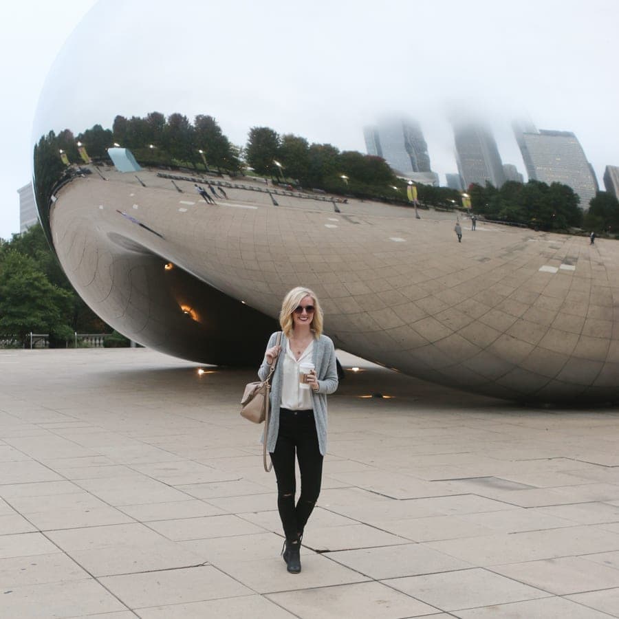 Bridget and the Bean and her cozy sweater cardigan. It looks great with distressed black jeans!