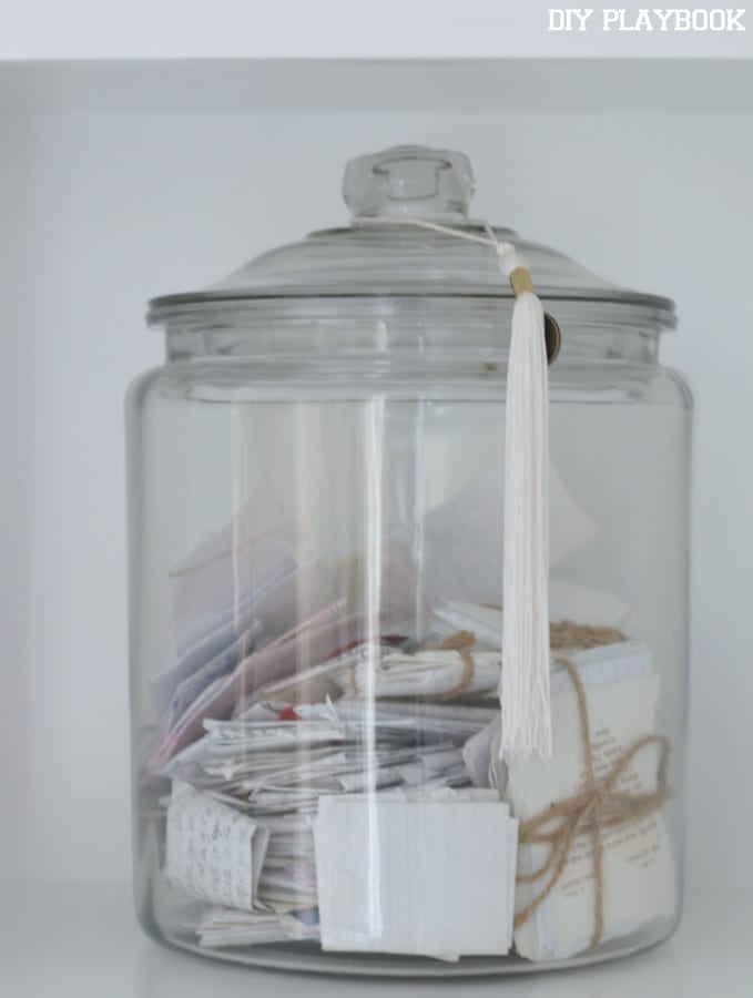 Here's a jar of love letters Finn and I wrote each other in high school. 